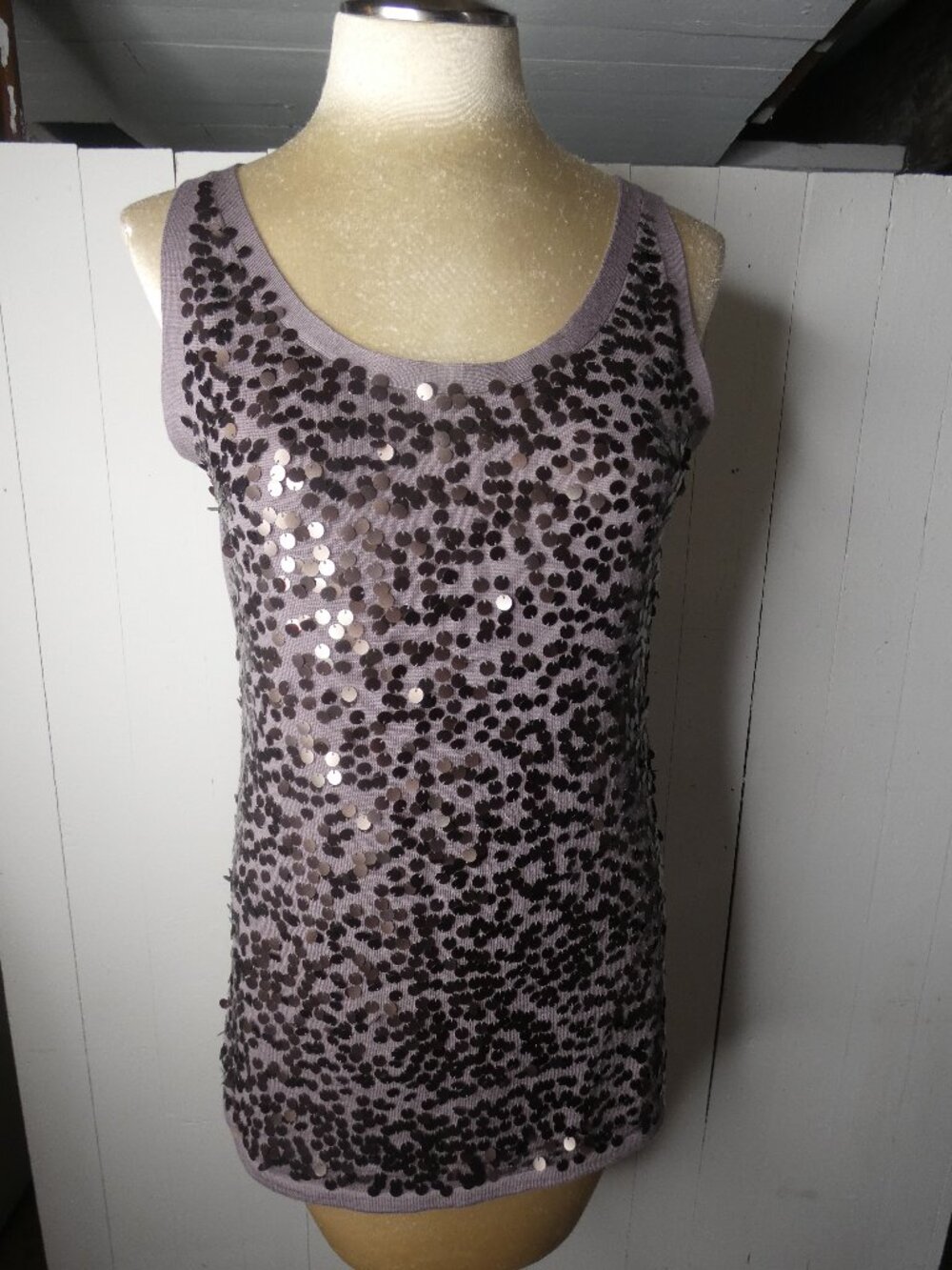 Eileen Fisher Women's M 100% Merino Wool Sequin Knit Tank Top Grey Scoop Neck
